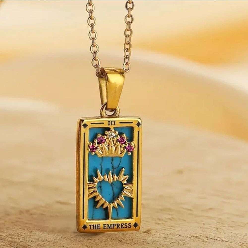 The Empress Tarot Card Pendant Necklace 18K Gold Enamel Rectangle Stainless…